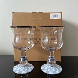 MacKenzie-Childs Glass Goblets with Silver Rim and Checkered Base